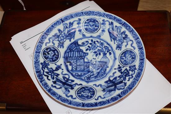 An 18th century Kangxi Chinese blue and white dragon plate and one other. largest diameter 22.5cm